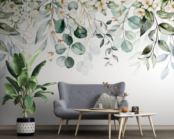Botaniczna akwarela zieleni z kwiatami Fototapeta Botaniczna akwarela zieleni z kwiatami