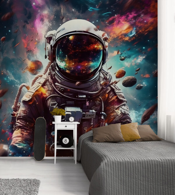 Astronauta unoszący się wśród kosmicznych śmieci Fototapeta Astronauta unoszący się wśród kosmicznych śmieci