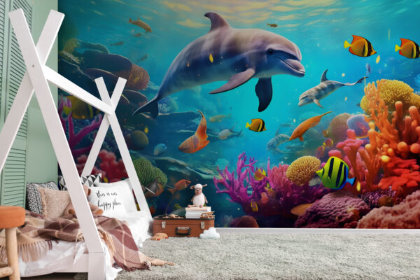 Delfin pływający w rafie koralowej Fototapeta Delfin pływający w rafie koralowej