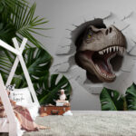 Fototapeta Dinozaur wyłania się przez pękniętą ścianę.