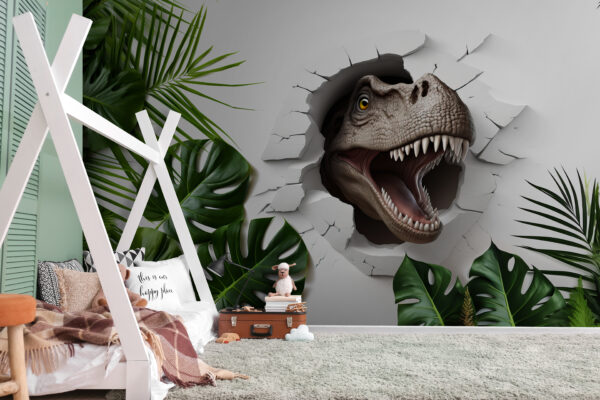 Dinozaur wyłania się przez pękniętą ścianę Fototapeta Dinozaur wyłania się przez pękniętą ścianę