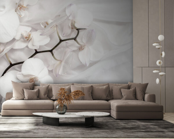 Białe orchidee na białym materiale Fototapeta Białe orchidee na białym materiale