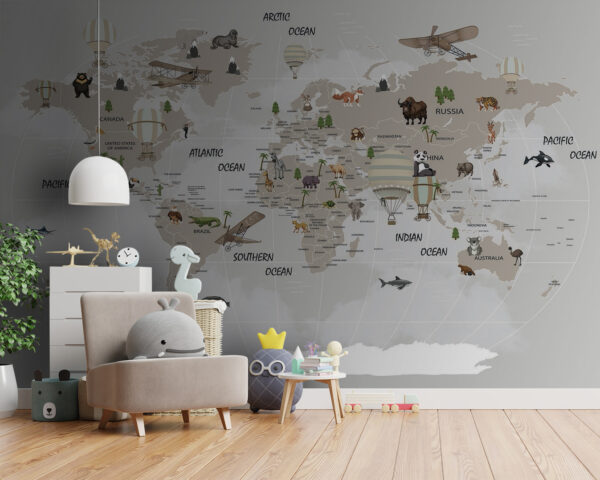 Mapa świata ze zwierzętami Fototapeta Mapa świata ze zwierzętami