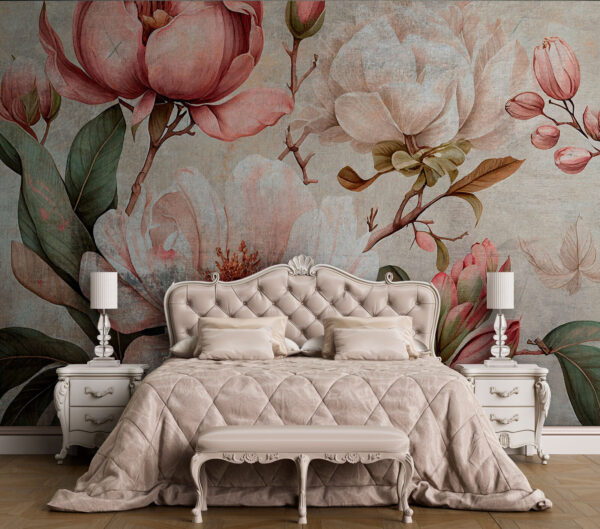 Ilustracja kwiatowa w stylu vintage z magnoliami Fototapeta Ilustracja kwiatowa w stylu vintage z magnoliami