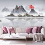 Fototapeta Pasmo górskie z czerwonym drzewem pośrodku wody