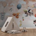 Fototapeta Zwierzęta z kreskówek latające z balonami