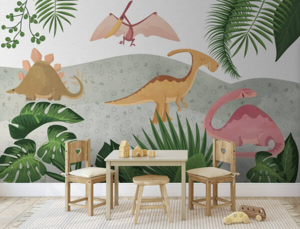 Grupa dinozaurów z liśćmi Fototapeta Grupa dinozaurów z liśćmi