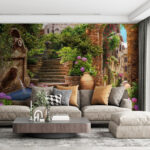 Fototapeta Kamienna ścieżka z fontanną, schodami i kwiatami