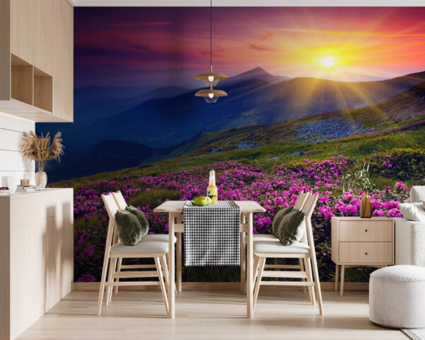 Fototapeta Pole kwiatów z zachodzącym za nim słońcem