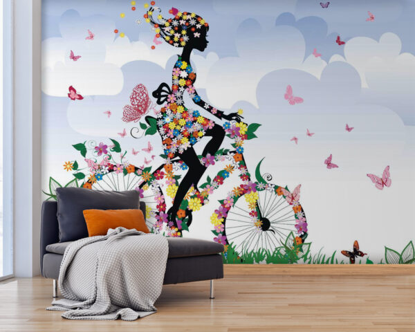 Fototapeta Kobieta jadąca na rowerze z kwiatami (SKU: u55195) Fototapeta Fototapeta Kobieta jadąca na rowerze z kwiatami (SKU: u55195)