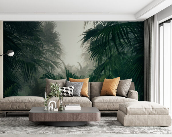 Grupa palm w mglistym lesie Fototapeta Grupa palm w mglistym lesie