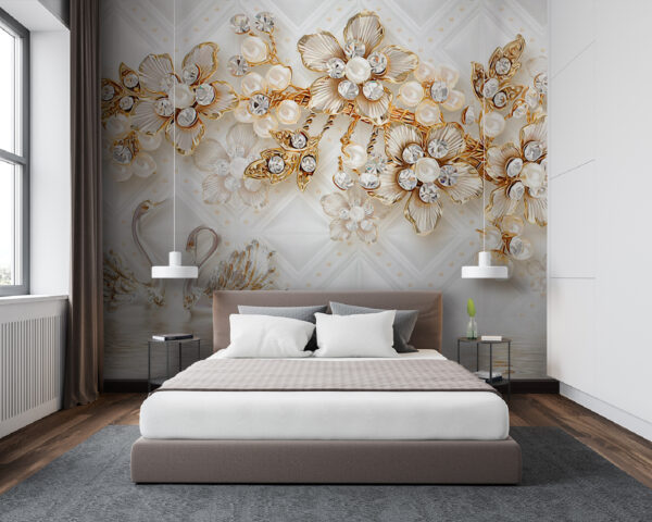 Tapeta z łabędziami i kwiatami Fototapeta Tapeta z łabędziami i kwiatami