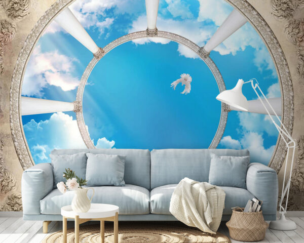 Okrągły sufit z kolumnami i ptakiem lecącym po niebie Fototapeta Okrągły sufit z kolumnami i ptakiem lecącym po niebie