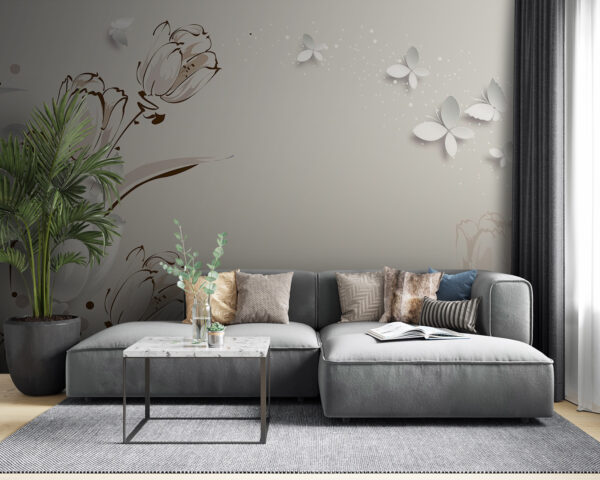 Białe tulipany i motyle Fototapeta Białe tulipany i motyle