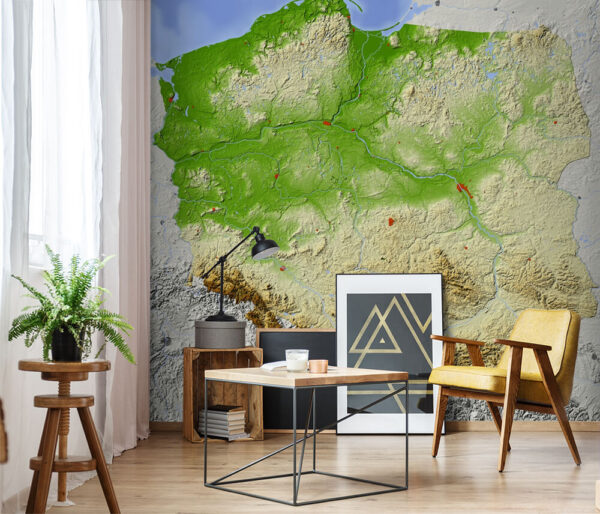 Fototapeta Mapa Polski z lądem i wodą