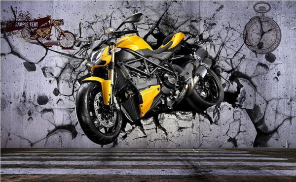 Motocykl przebijający się przez ścianę Fototapeta Motocykl przebijający się przez ścianę