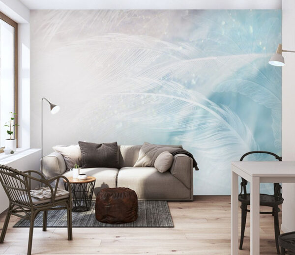 Fototapeta Delikatne pióra na miękkim niebieskim tle