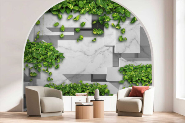 Zielone liście na geometrycznym marmurowym wzorze Fototapeta Zielone liście na geometrycznym marmurowym wzorze