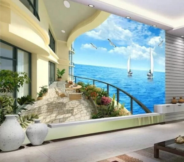 Balkon z widokiem na ocean i łodzie Fototapeta Balkon z widokiem na ocean i łodzie
