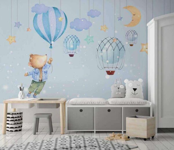 Miś z kreskówki trzymający balon Fototapeta Miś z kreskówki trzymający balon