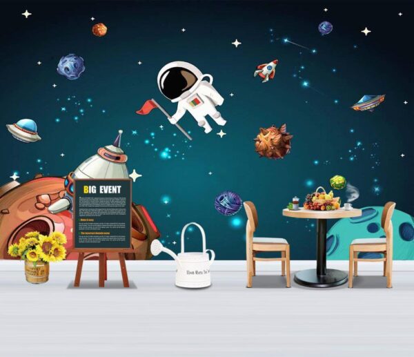 Kreskówkowa scena kosmiczna z planetami i gwiazdami Fototapeta Kreskówkowa scena kosmiczna z planetami i gwiazdami