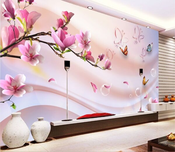 Fototapeta Różowe kwiaty i motyle