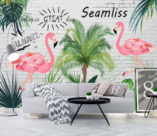 Ściana z flamingami i palmami Fototapeta Ściana z flamingami i palmami