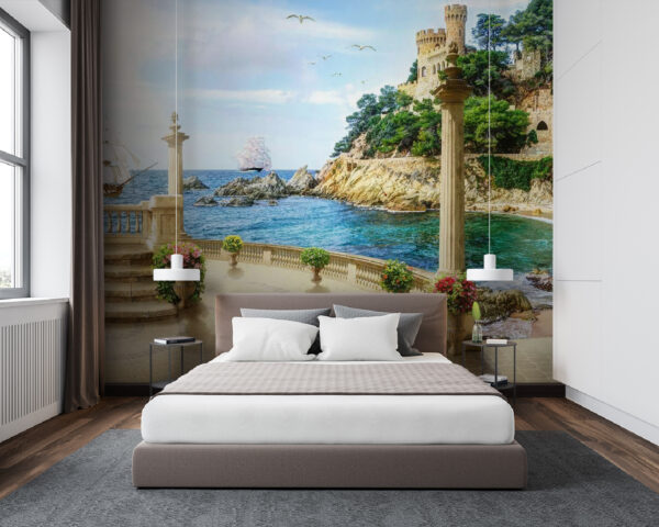 Balkon z kolumnami i kwiatami od strony oceanu Fototapeta Balkon z kolumnami i kwiatami od strony oceanu
