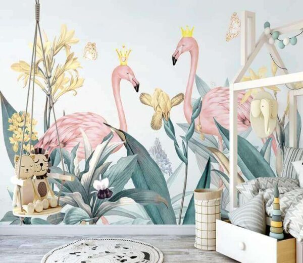 Fototapeta Fototapeta Grupa flamingów z koronami i kwiatami (SKU: u29466)