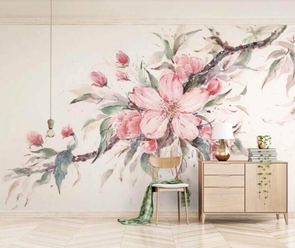 Fototapeta Malowanie różowych kwiatów na gałęzi