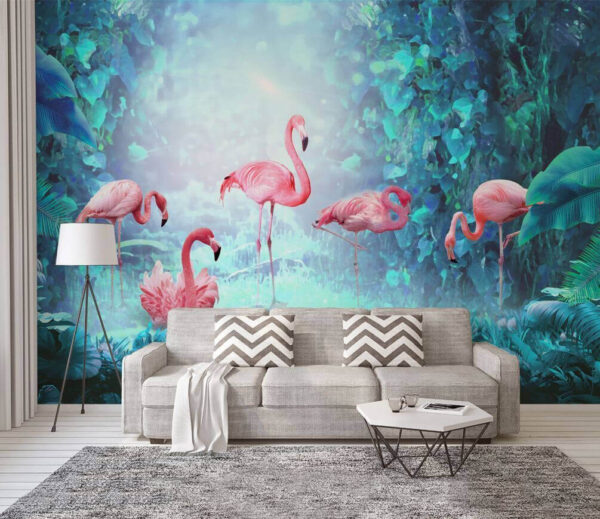 Grupa różowych flamingów w lesie Fototapeta Grupa różowych flamingów w lesie