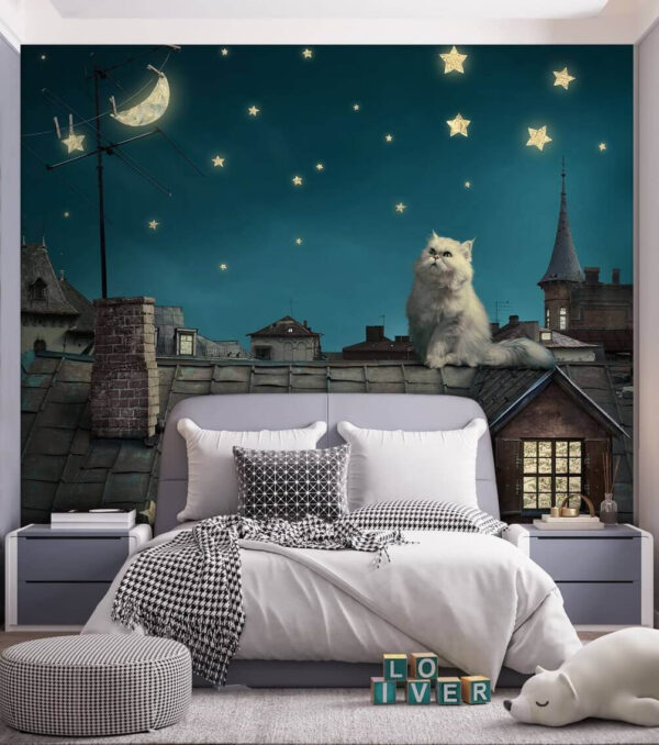 Kot wpatruje się w nocne niebo Fototapeta Kot wpatruje się w nocne niebo