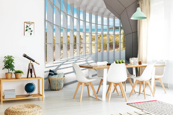 Słoneczny widok na plażę przez geometryczne okna. Fototapeta Słoneczny widok na plażę przez geometryczne okna.