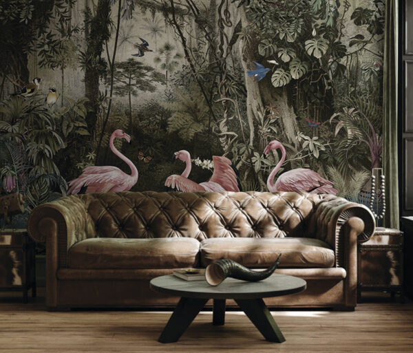 Fototapeta Fototapeta Flamingi zdobią bujną dżunglę. (SKU: u73568)