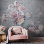 Fototapeta Ptaki siedzące wśród pastelowych kwiatów