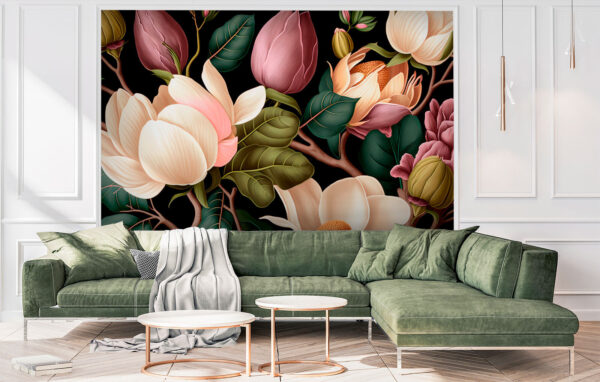 Eleganckie magnolie i bujne liście Fototapeta Eleganckie magnolie i bujne liście