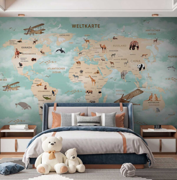 Mapa świata ze zwierzętami Fototapeta Mapa świata ze zwierzętami