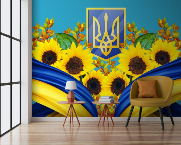 Słoneczniki i niebiesko-żółty emblemat Fototapeta Słoneczniki i niebiesko-żółty emblemat