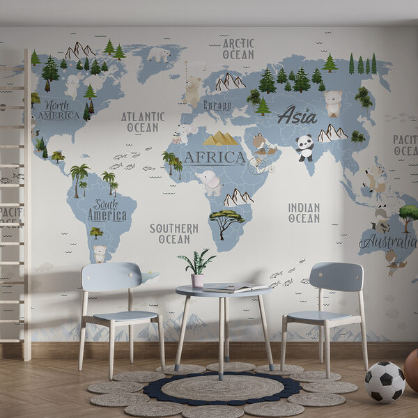 Mapa świata ze zwierzętami i tekstem Fototapeta Mapa świata ze zwierzętami i tekstem