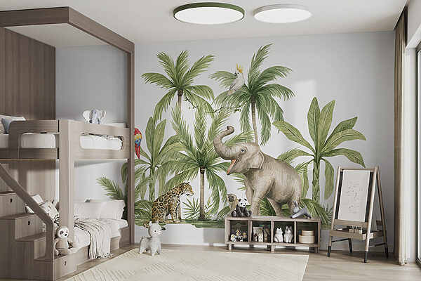 Zwierzęta z dżungli wśród palm Fototapeta Zwierzęta z dżungli wśród palm