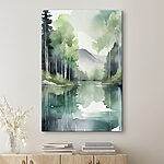 Obraz Akwarela przedstawiająca jezioro otoczone drzewami i górami