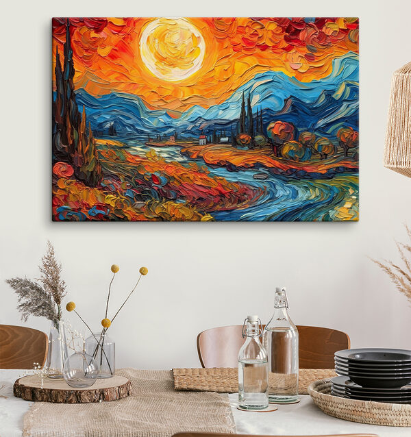 Wydruk na płótnie Żywy zachód słońca nad kolorowym krajobrazem