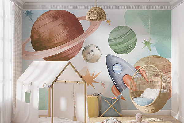 Rakieta przelatująca obok kolorowych planet Fototapeta Rakieta przelatująca obok kolorowych planet