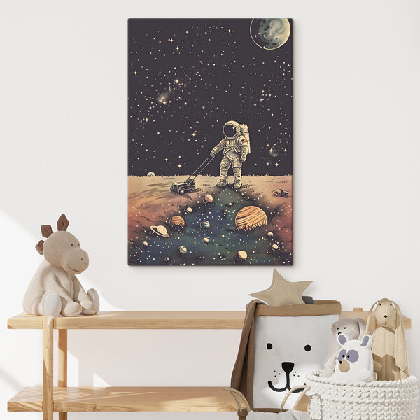 Astronauta koszący trawnik w kosmosie w nocy Obraz Astronauta koszący trawnik w kosmosie w nocy