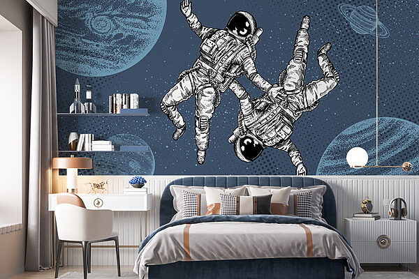 Dwóch astronautów unoszących się w przestrzeni kosmicznej Fototapeta Dwóch astronautów unoszących się w przestrzeni kosmicznej