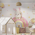 Fototapeta Kreskówkowy króliczek na tęczy