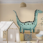 Fototapeta Kreskówkowy dinozaur z roślinami i liśćmi