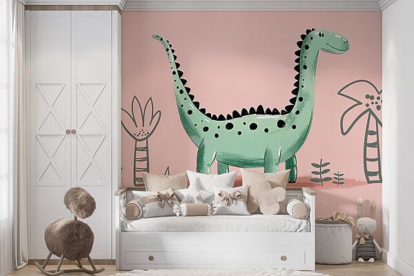 Fototapeta Fototapeta Kreskówkowy dinozaur z roślinami i liśćmi (SKU: w01357)