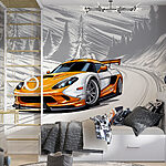 Fototapeta Żółto-biały samochód sportowy na zaśnieżonej drodze