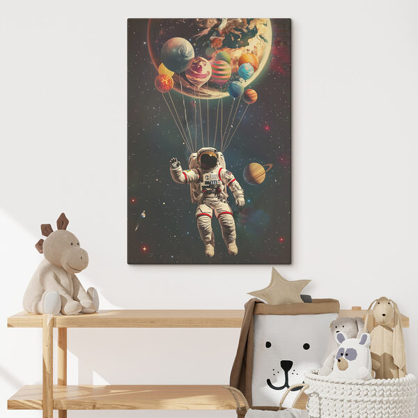 Astronauta unoszący się w przestrzeni kosmicznej z balonami Obraz Astronauta unoszący się w przestrzeni kosmicznej z balonami